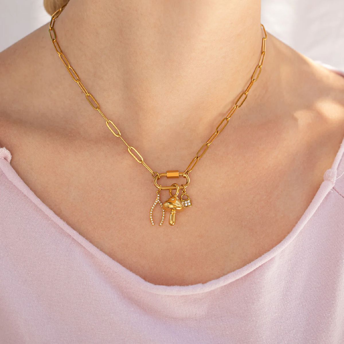 18K Gold Plated, Stainless Steel, PVD Non-Tarnish Coating Paperclip Necklace with Carabiner Clasp Robyn Canady