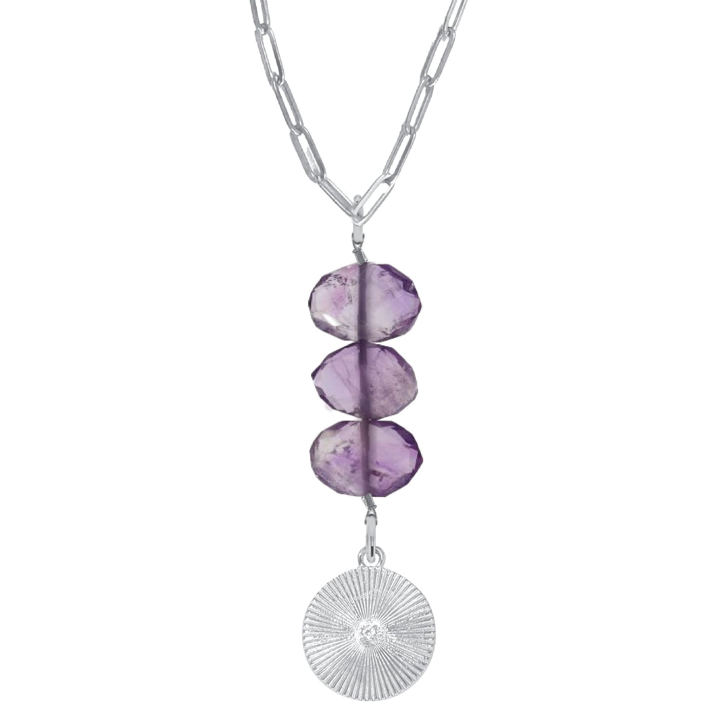 Natasha Paperclip Drop Necklace in Amethyst - Round Crystal Robyn Canady Silver