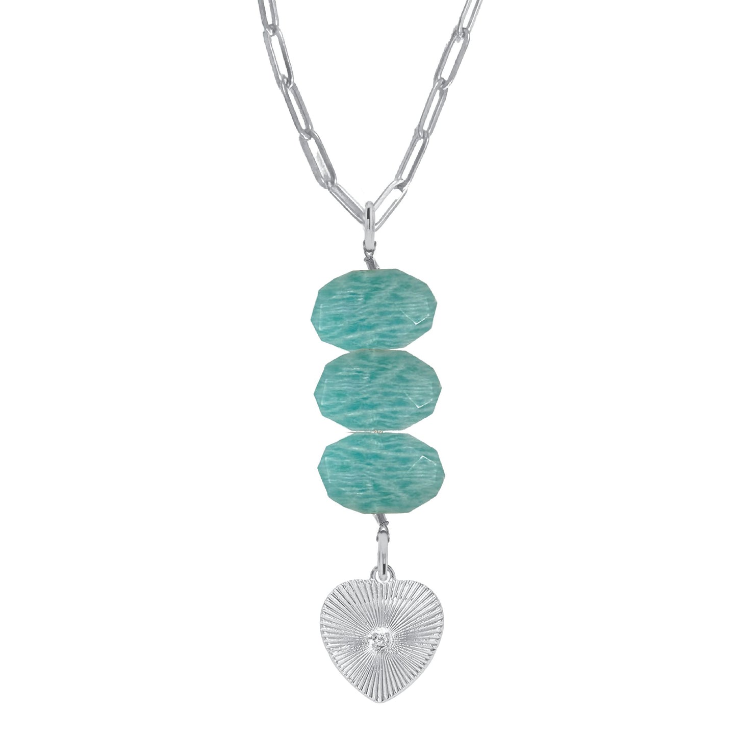 Natasha Paperclip Drop Necklace in Amazonite - Crystal Heart Robyn Canady Silver