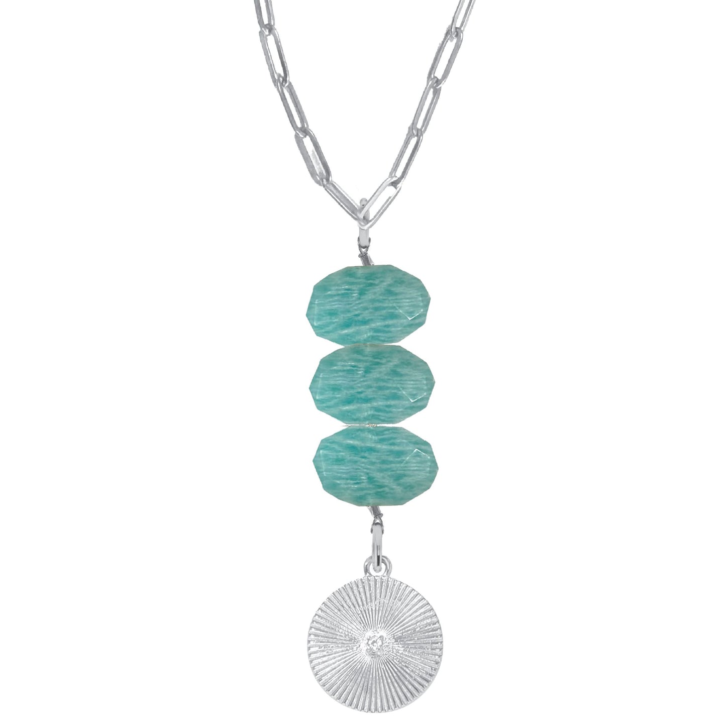 Natasha Paperclip Drop Necklace in Amazonite - Round Crystal Robyn Canady Silver