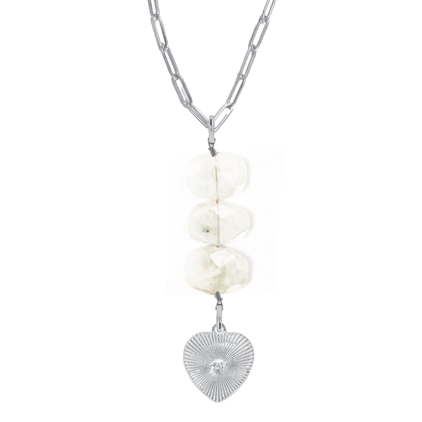 Natasha Paperclip Drop Necklace in White Moonstone - Crystal Heart Robyn Canady Silver