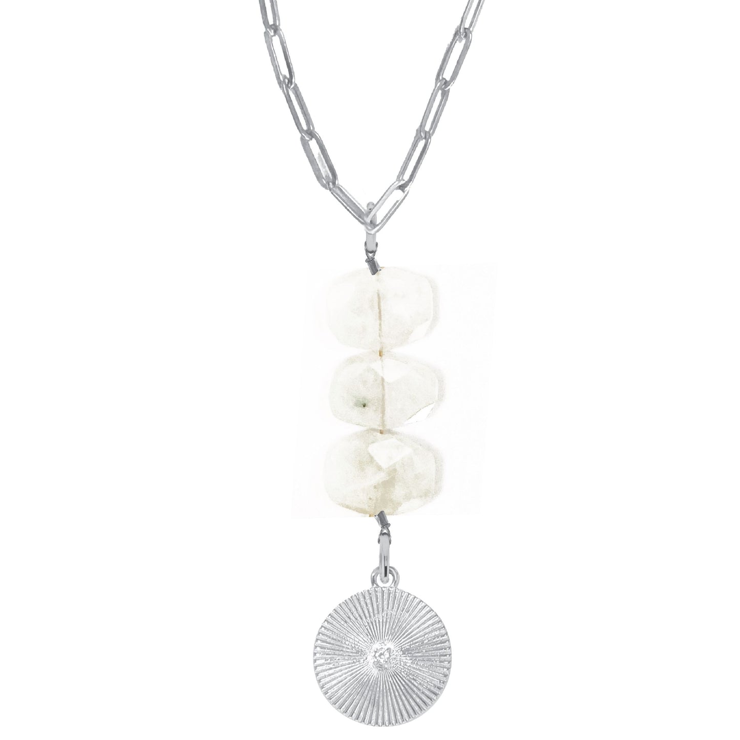 Natasha Paperclip Drop Necklace in White Moonstone - Round Crystal Robyn Canady Silver