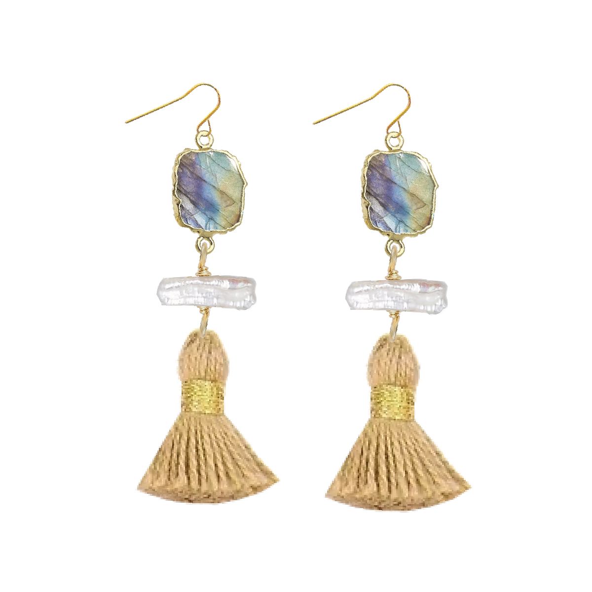 Labradorite Slice, Freshwater Pearl, Gold Tassel Earrings Robyn Canady