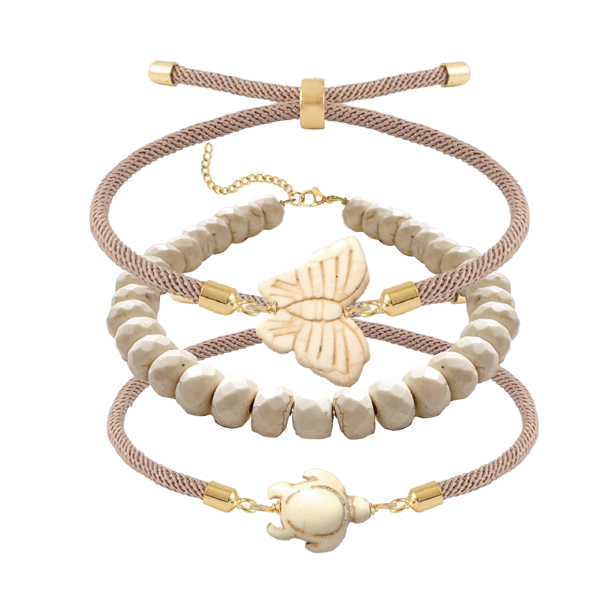 Set of three bracelets with butterfly and turtle charms on a white background