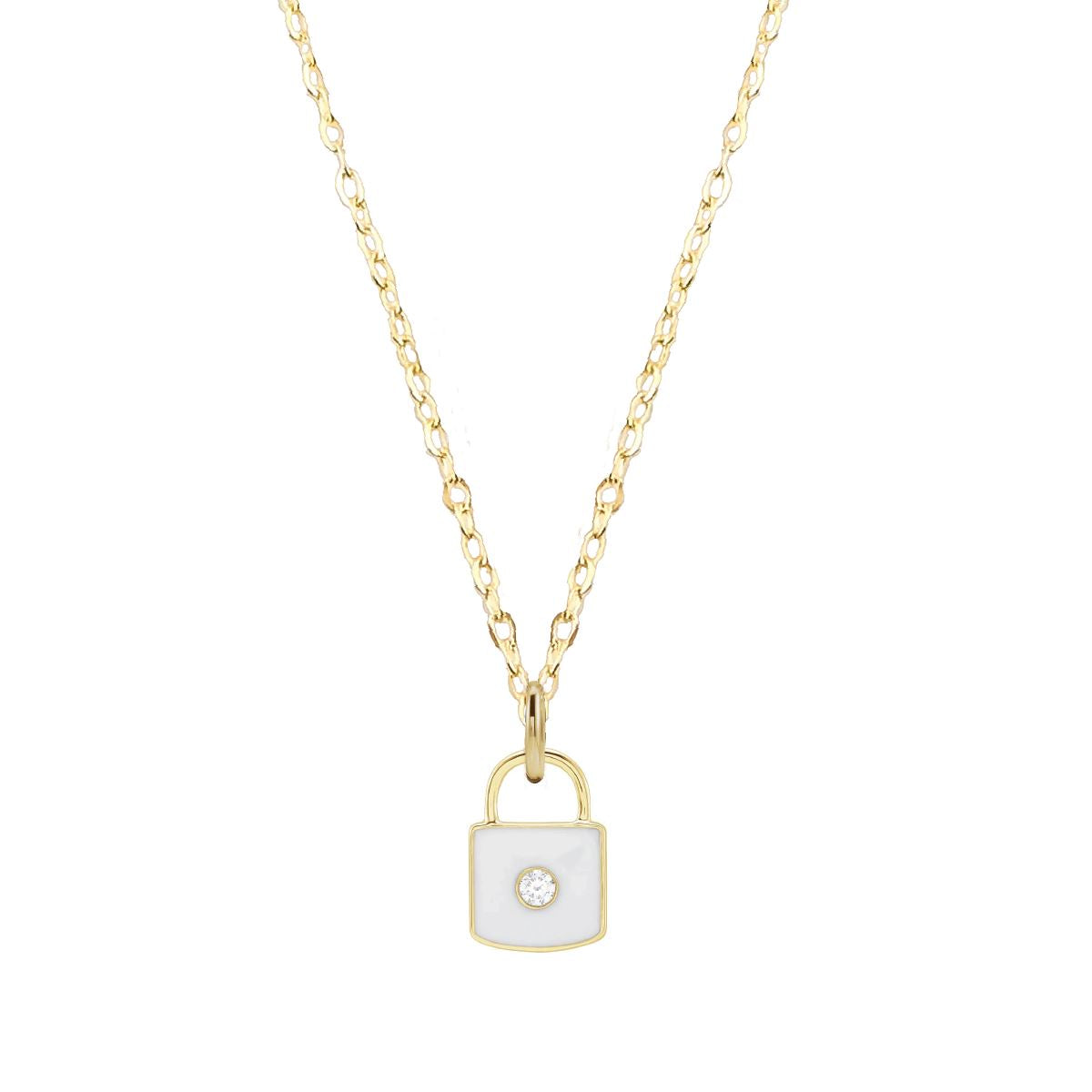 White Enamel Diamond Lock Necklace or Charm Necklace Robyn Canady 14K Solid Yellow Gold 14K Yellow Gold Filled