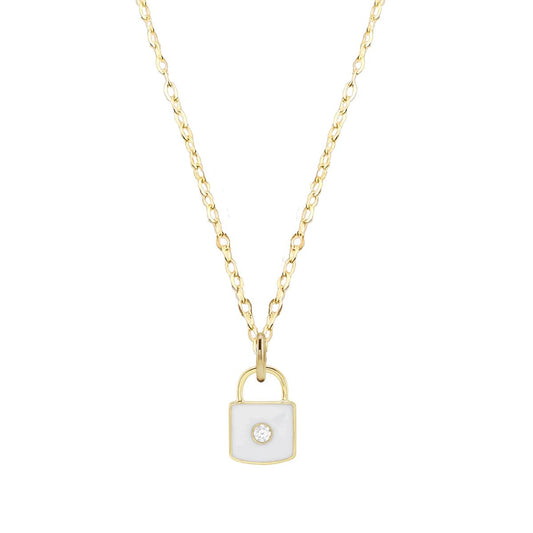 White Enamel Diamond Lock Necklace or Charm Necklace Robyn Canady 14K Solid Yellow Gold 14K Yellow Gold Filled