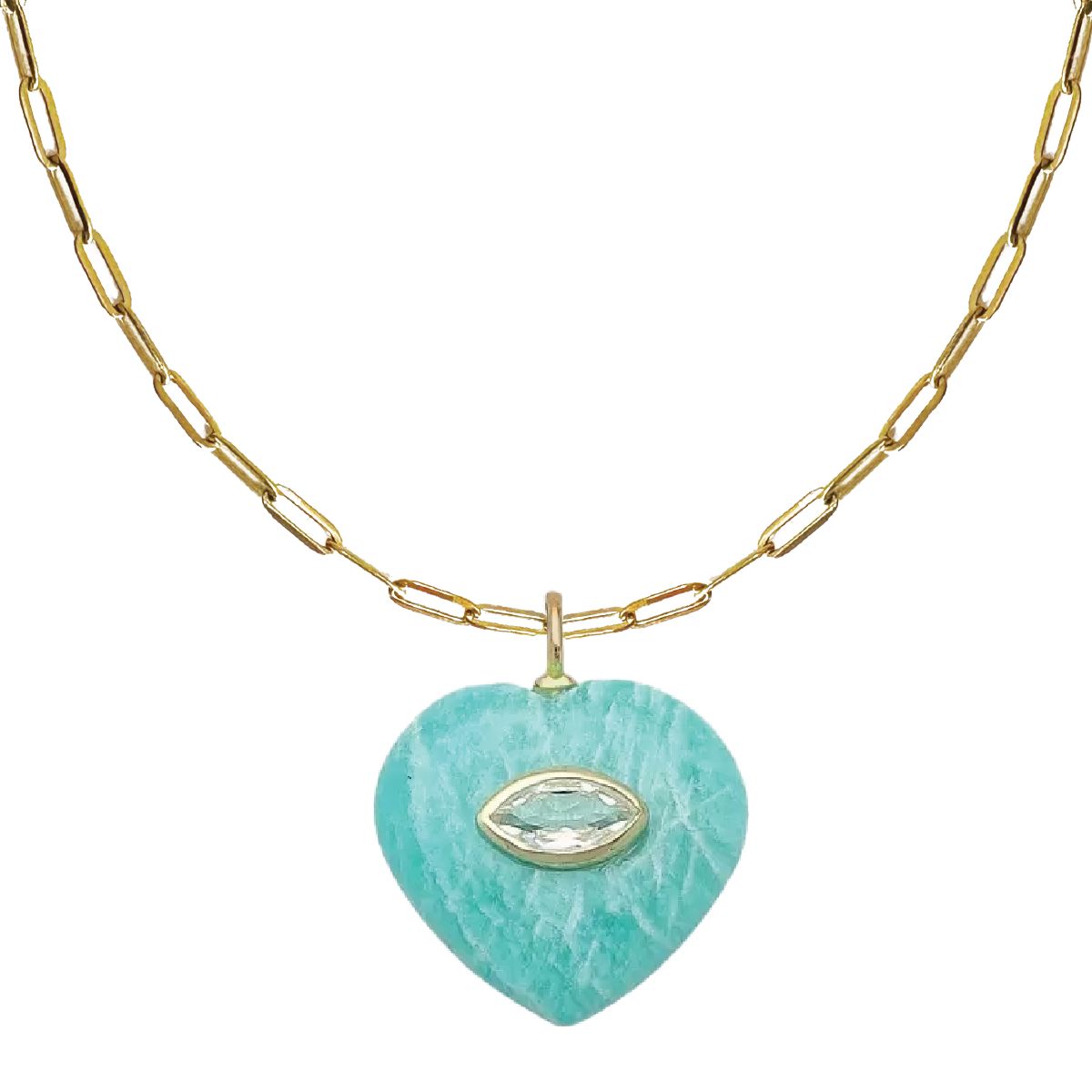 LoveSpell Heart Necklace - I need more Balance in my life - Amazonite + White Topaz Necklace Robyn Canady Paperclip Chain