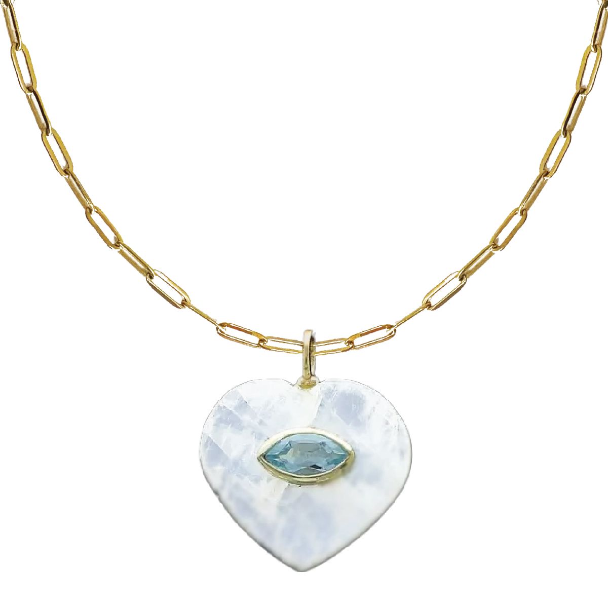 LoveSpell Heart Necklace - I need more Calm in my life - Moonstone + Blue Topaz Necklace Robyn Canady Paperclip Chain