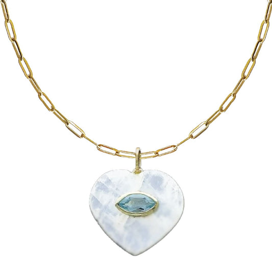 LoveSpell Heart Necklace - I need more Calm in my life - Moonstone + Blue Topaz Necklace Robyn Canady Paperclip Chain