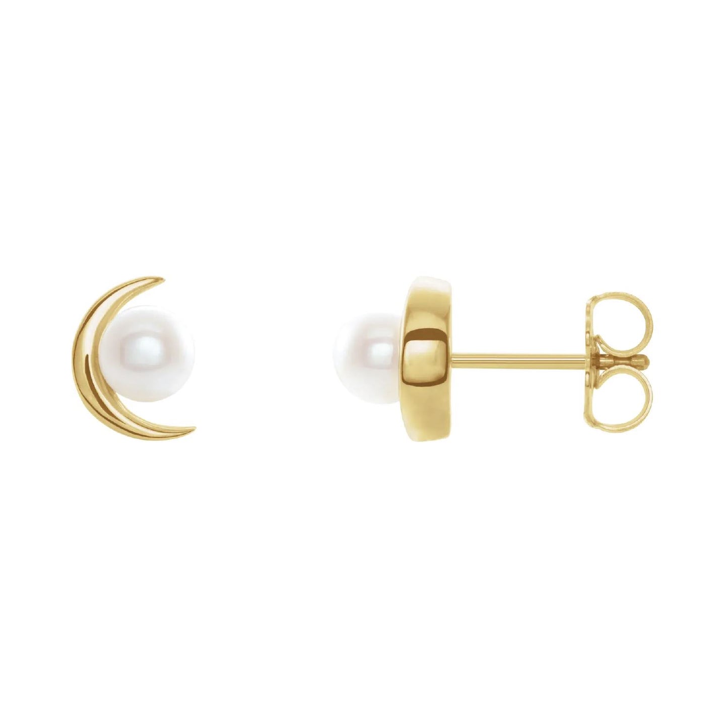 14K Solid Gold Crescent Moon Pearl Stud Earrings Earrings Robyn Canady