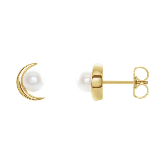 14K Solid Gold Crescent Moon Pearl Stud Earrings Earrings Robyn Canady