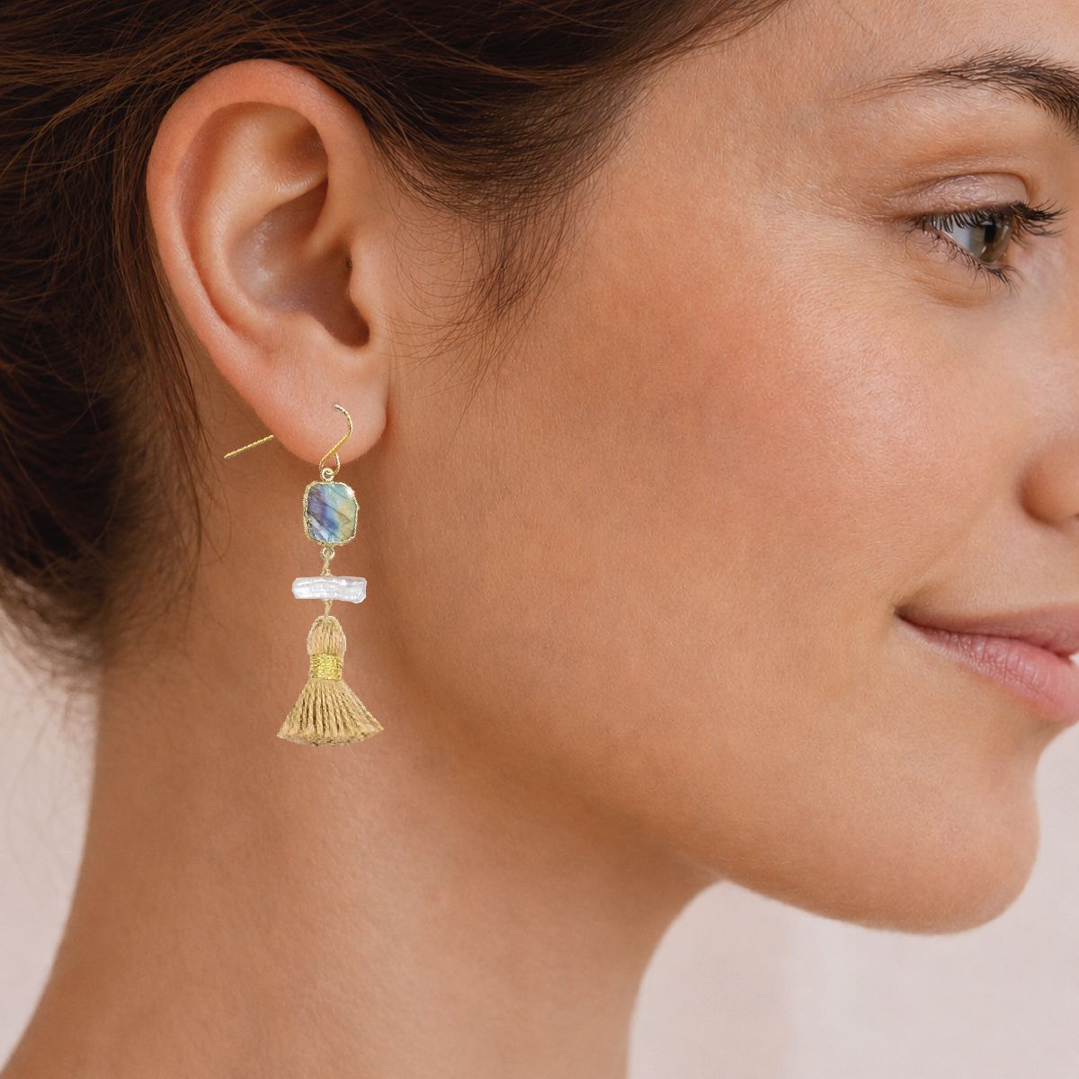 Labradorite Slice, Freshwater Pearl, Gold Tassel Earrings Robyn Canady