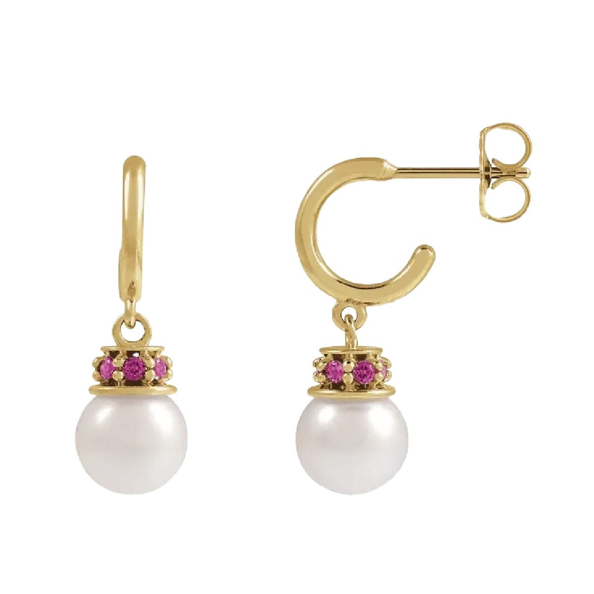 Pink Tourmaline and Freshwater Pearl Drop Hoop Earrings Earrings Robyn Canady