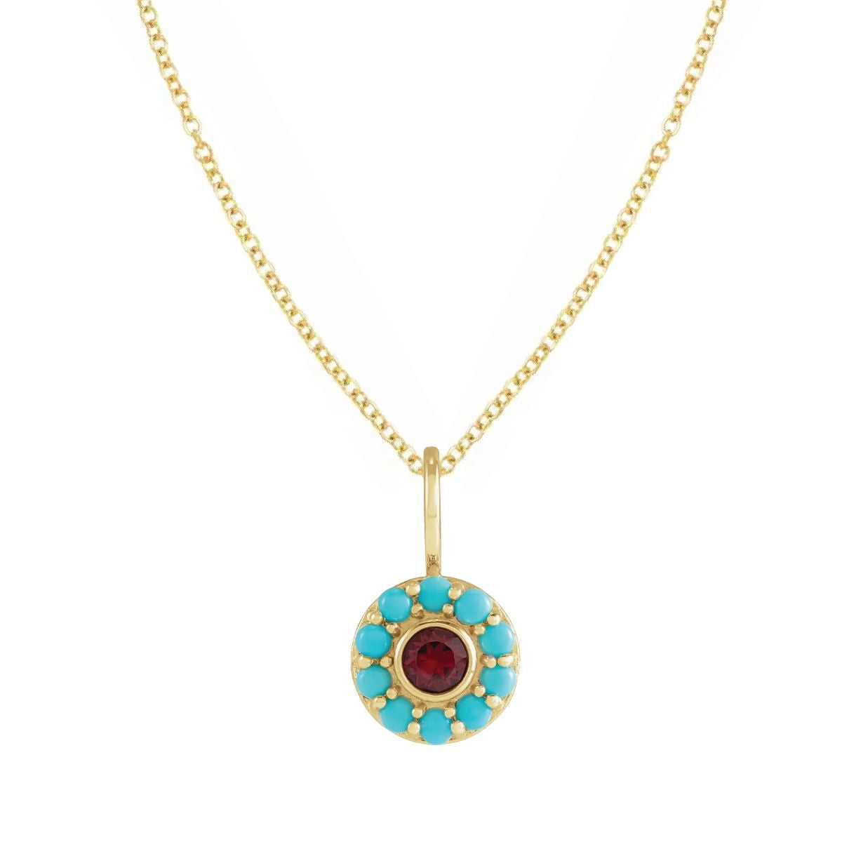 Turquoise and Garnet Medallion Necklace Necklace Robyn Canady 14K Gold