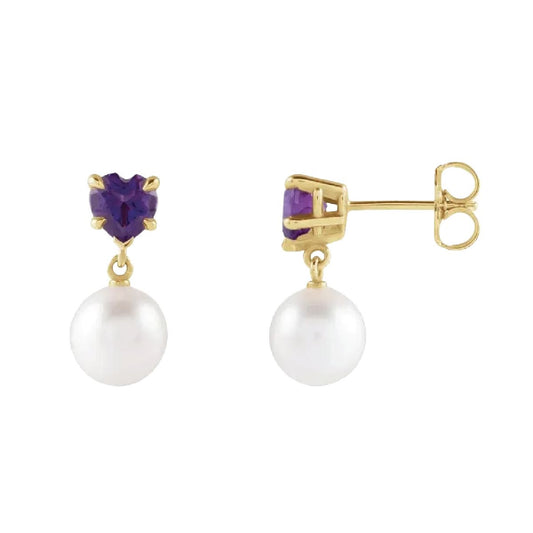 Amethyst Heart and Akoya Pearl Drop Earrings Earrings Robyn Canady
