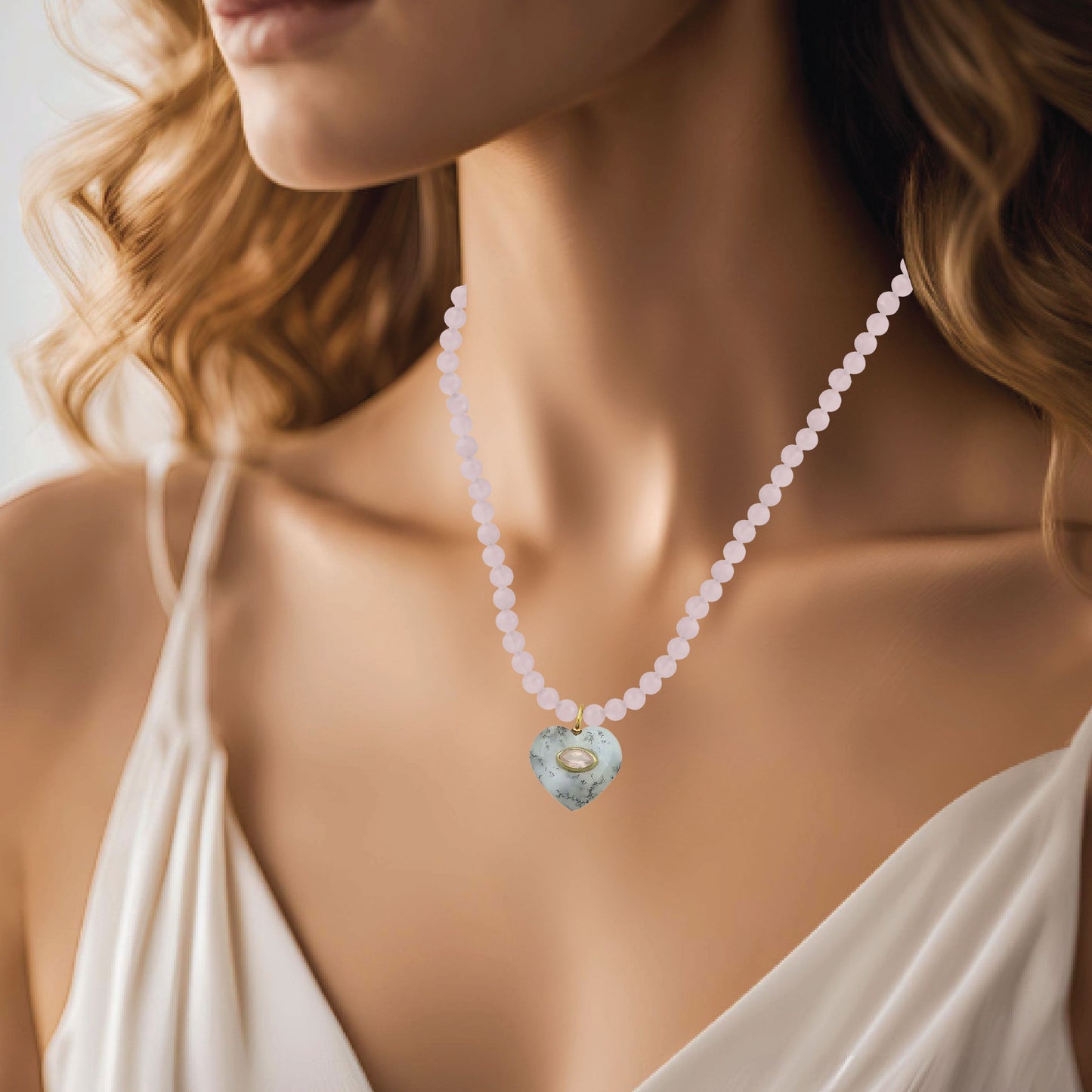 LoveSpell Heart Necklace - I need more love in my life - Dendrite Opal + Rose Quartz) Necklace Robyn Canady
