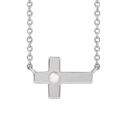 Single Pearl Sideways Cross Necklace Necklace Robyn Canady Sterling Silver