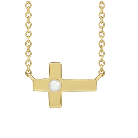 Single Pearl Sideways Cross Necklace Necklace Robyn Canady 14K Solid Gold