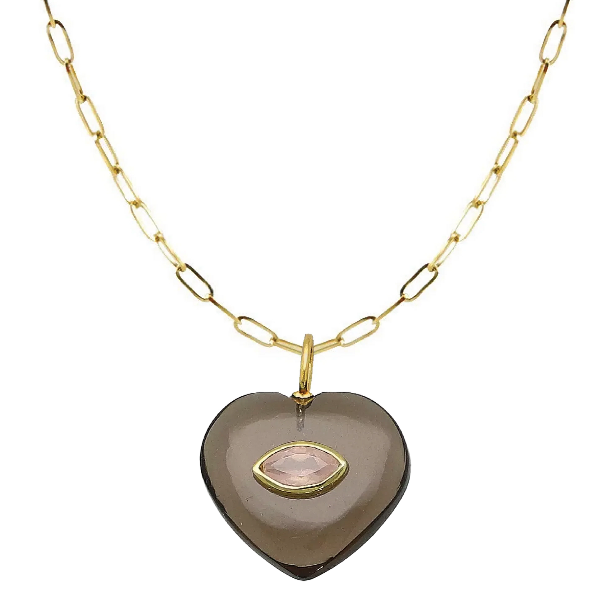 Double Gemstone Heart Necklace Necklace Robyn Canady Smoky Quartz + Rose Quartz