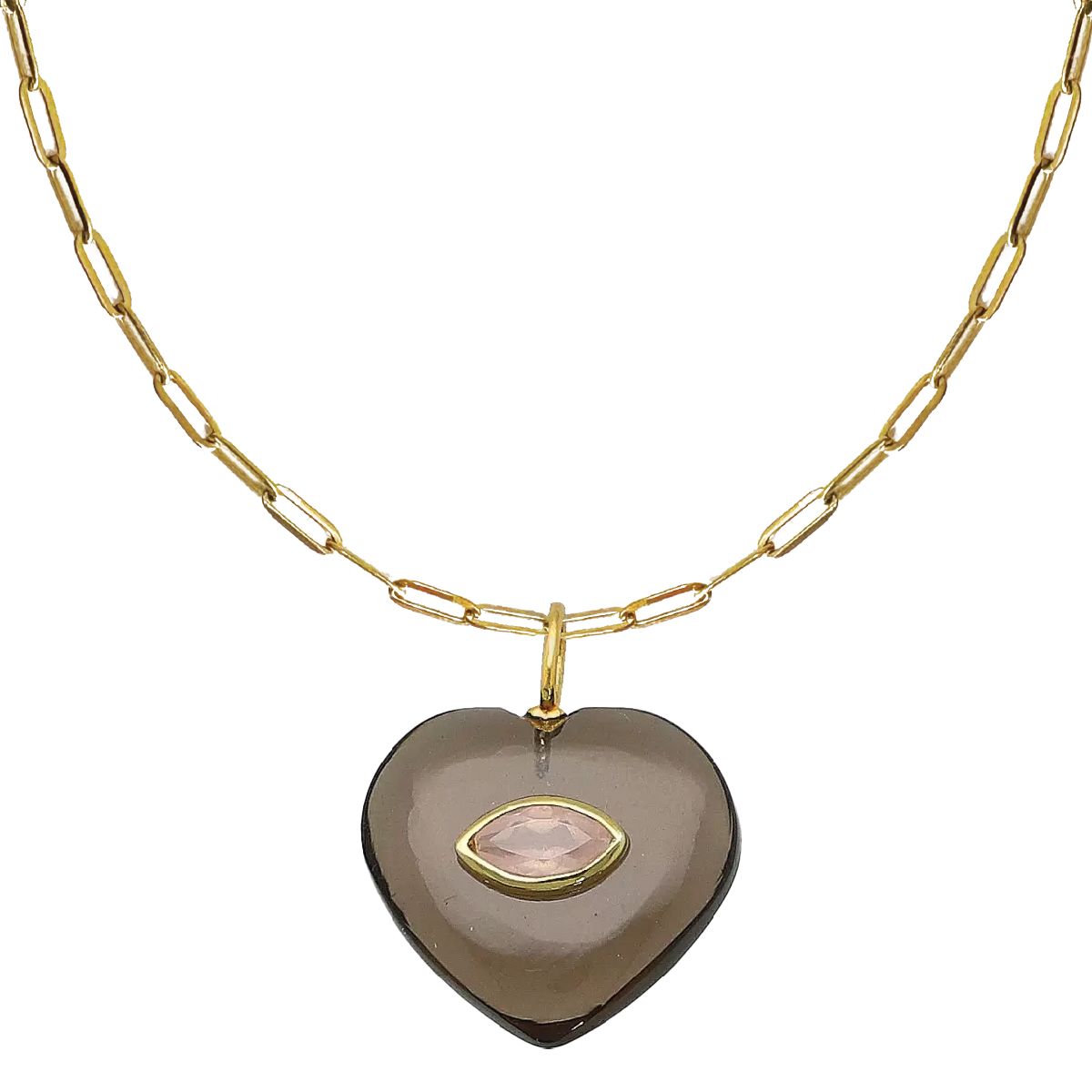 LoveSpell Heart Necklace - I need more love in my life - Smoky Quartz + Rose Quartz Necklace Robyn Canady Paperclip Chain