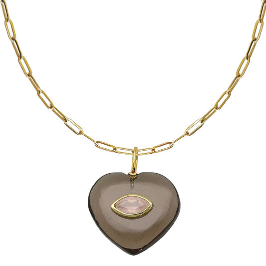 LoveSpell Heart Necklace - I need more love in my life - Smoky Quartz + Rose Quartz Necklace Robyn Canady Paperclip Chain