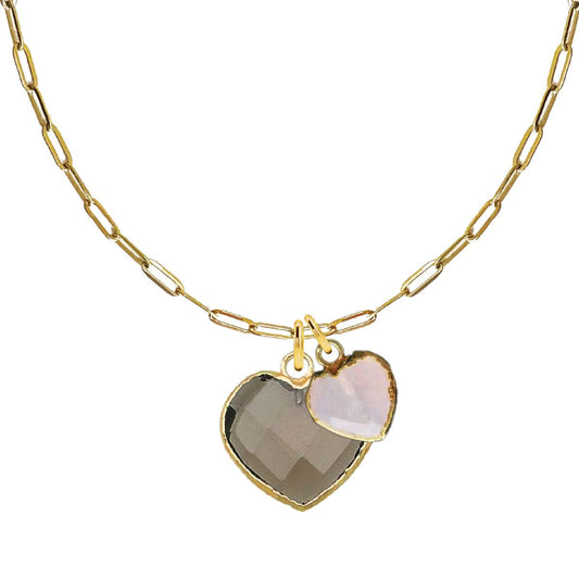 LoveSpell Double Heart Necklace - I need more love and calm in my life - Smoky Quartz and Rose Quartz Necklace Robyn Canady Paperclip Chain
