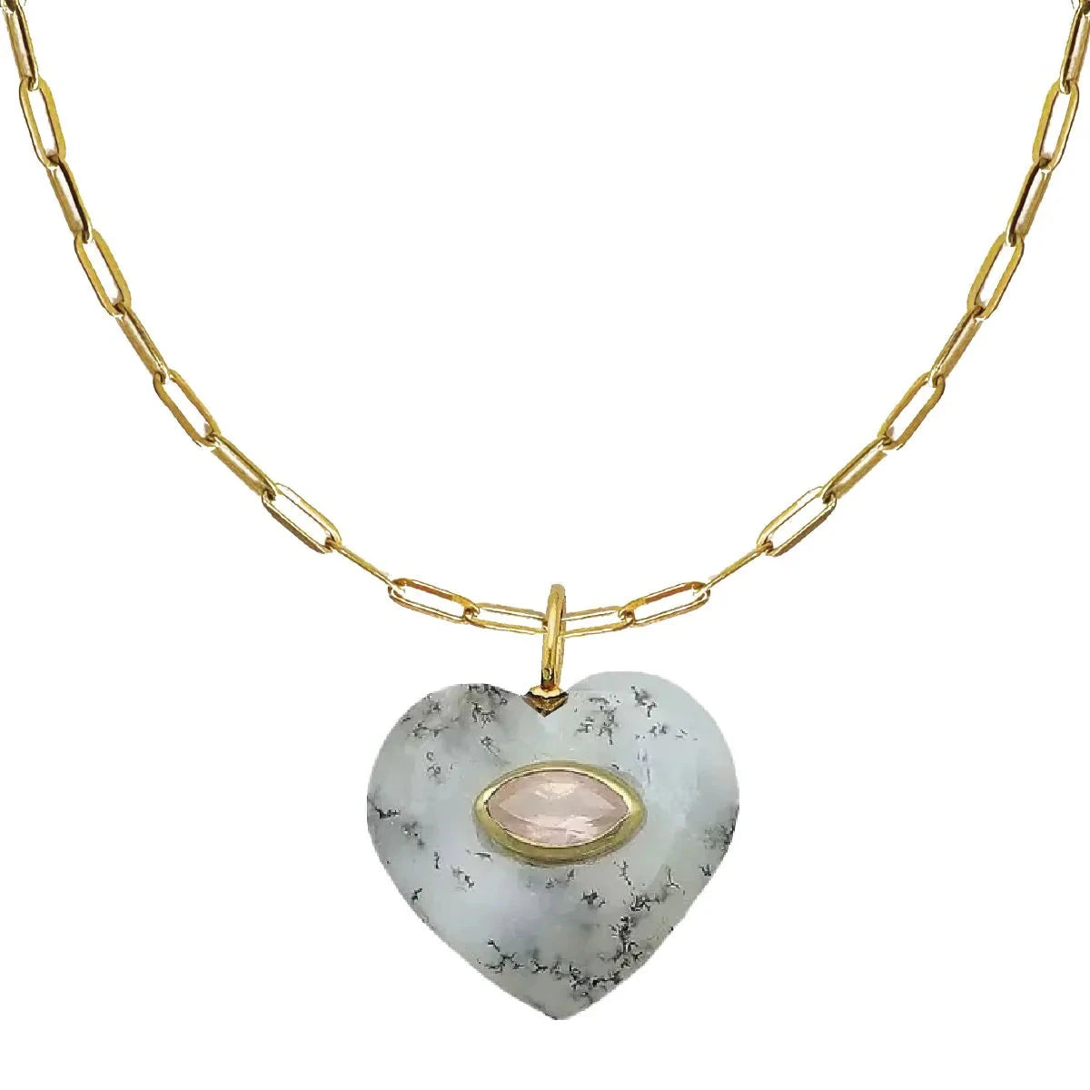 Double Gemstone Heart Necklace Necklace Robyn Canady Dendtrite Opal + Rose Quartz