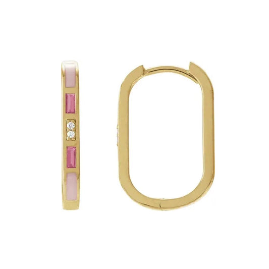 14K Pink Enamel, Tourmaline and Diamond Hinged Hoops Earrings Robyn Canady