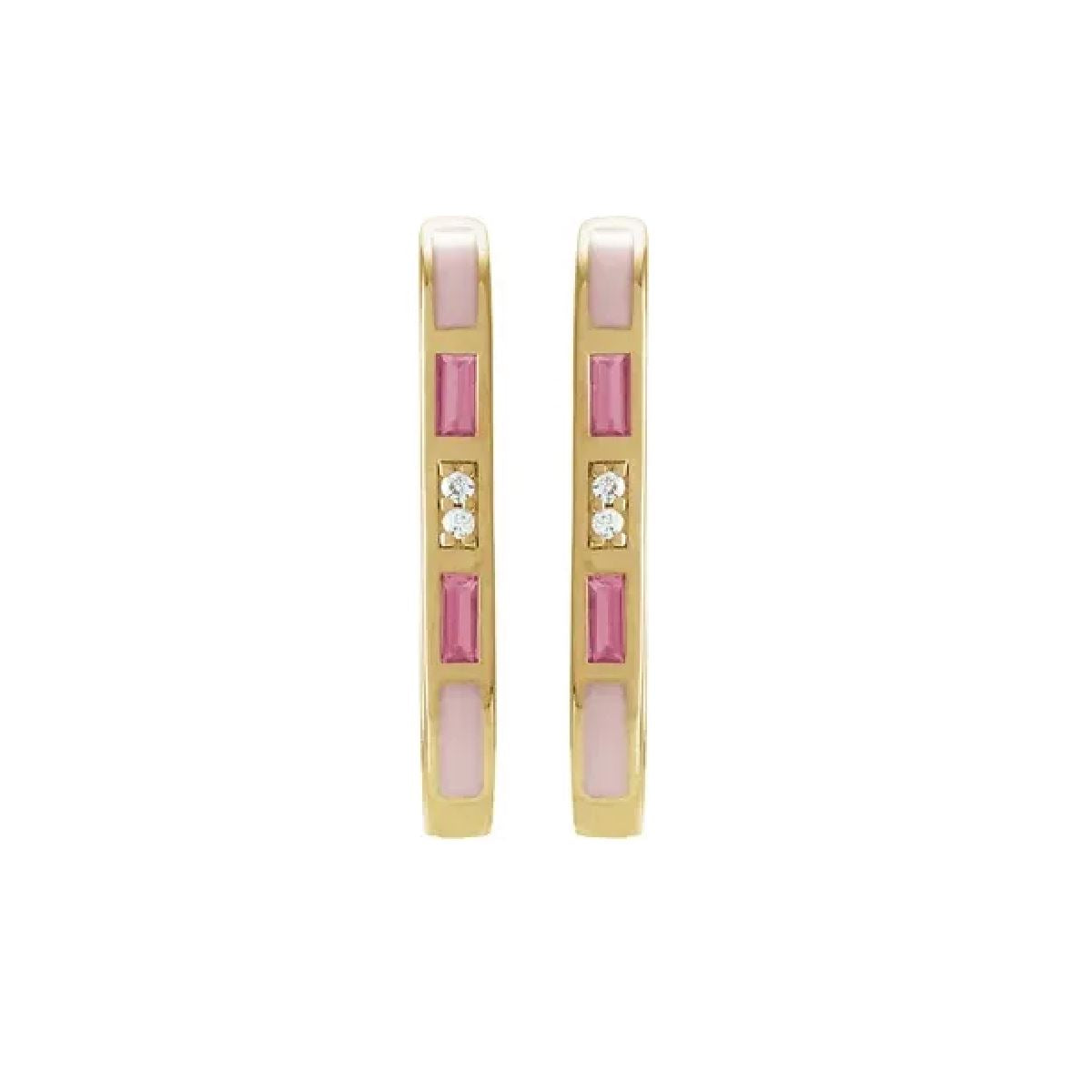 14K Pink Enamel, Tourmaline and Diamond Hinged Hoops Earrings Robyn Canady