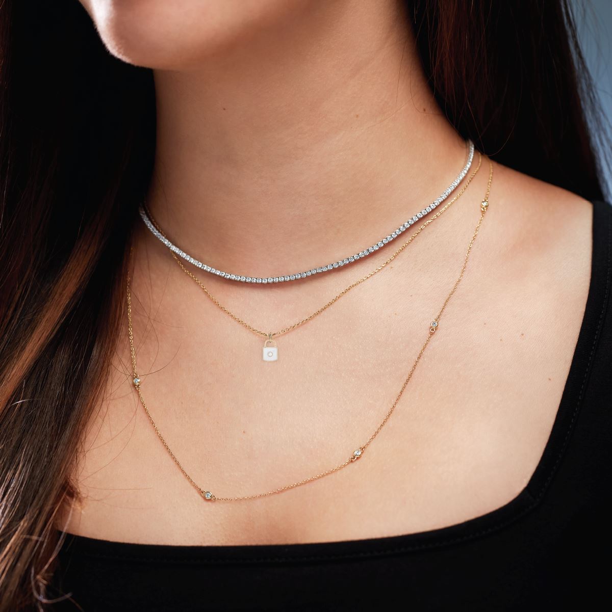 White Enamel Diamond Lock Necklace or Charm Necklace Robyn Canady