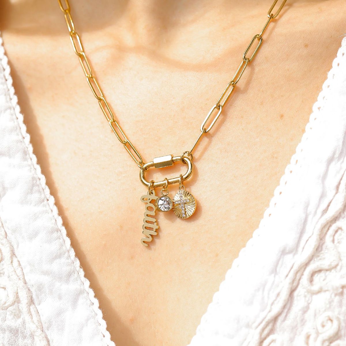 18K Gold Plated, Stainless Steel, PVD Non-Tarnish Coating Paperclip Necklace with Carabiner Clasp Robyn Canady 