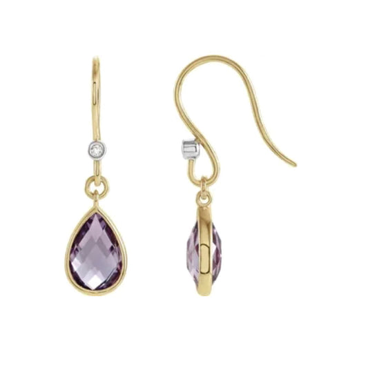 14K gold amethyst diamond teardrop earrings | Genuine gemstone dangle earrings
