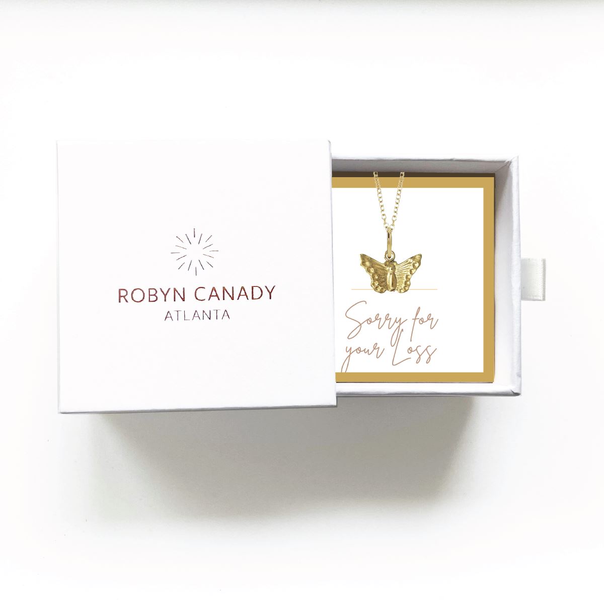 Charm Bar - Tiny Butterfly Necklace - Signature Gift Box with Custom Card - Gift Giving Necklace Robyn Canady 14K Gold Filled Sorry for your Loss. 