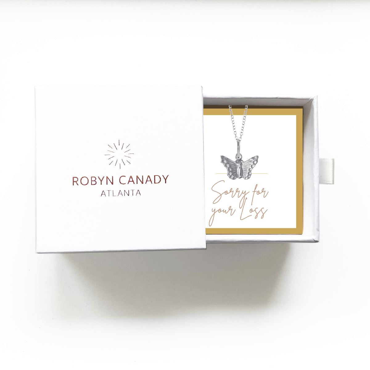 Charm Bar - Tiny Butterfly Necklace - Signature Gift Box with Custom Card - Gift Giving Necklace Robyn Canady Sterling Silver Sorry for your Loss. 