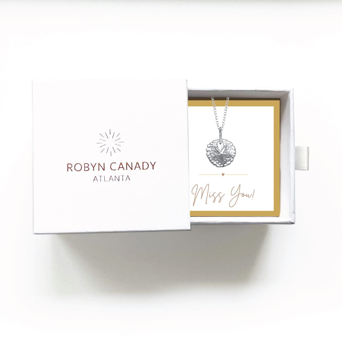 Charm Bar - Tiny Sand Dollar Necklace - Signature Gift Box with Custom Card - Gift Giving Necklace Robyn Canady Sterling Silver Miss You! 