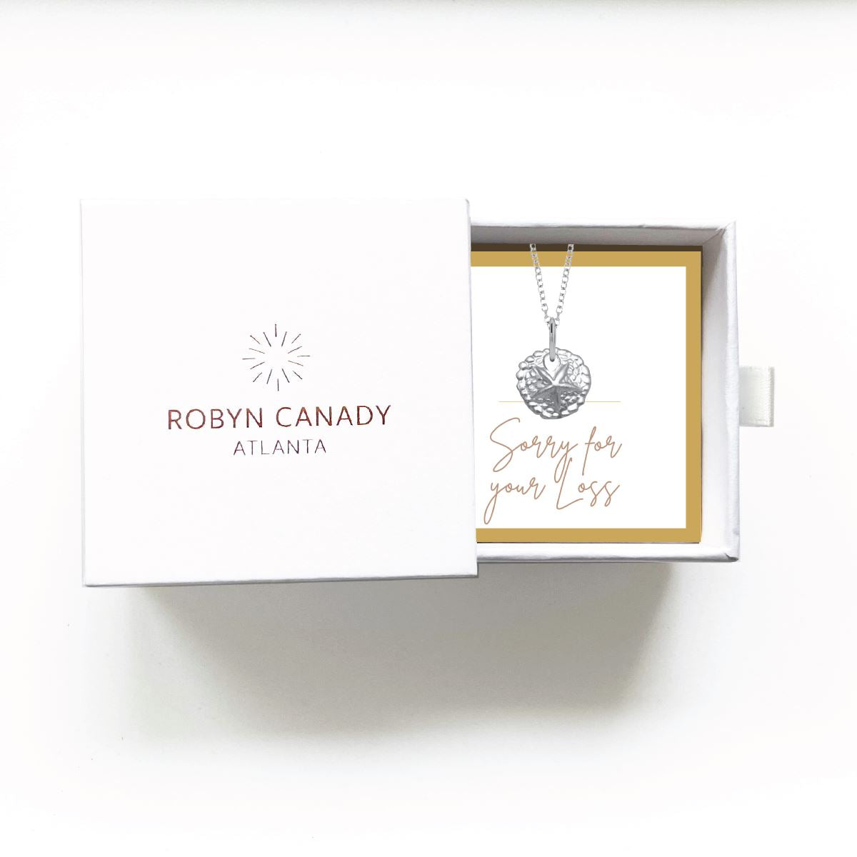 Charm Bar - Tiny Sand Dollar Necklace - Signature Gift Box with Custom Card - Gift Giving Necklace Robyn Canady Sterling Silver Sorry for your Loss. 