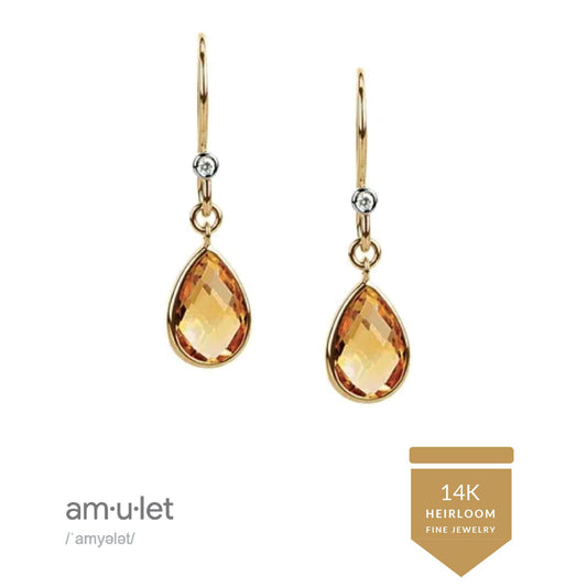 14K gold citrine diamond teardrop earrings | Gemstone dangle earrings