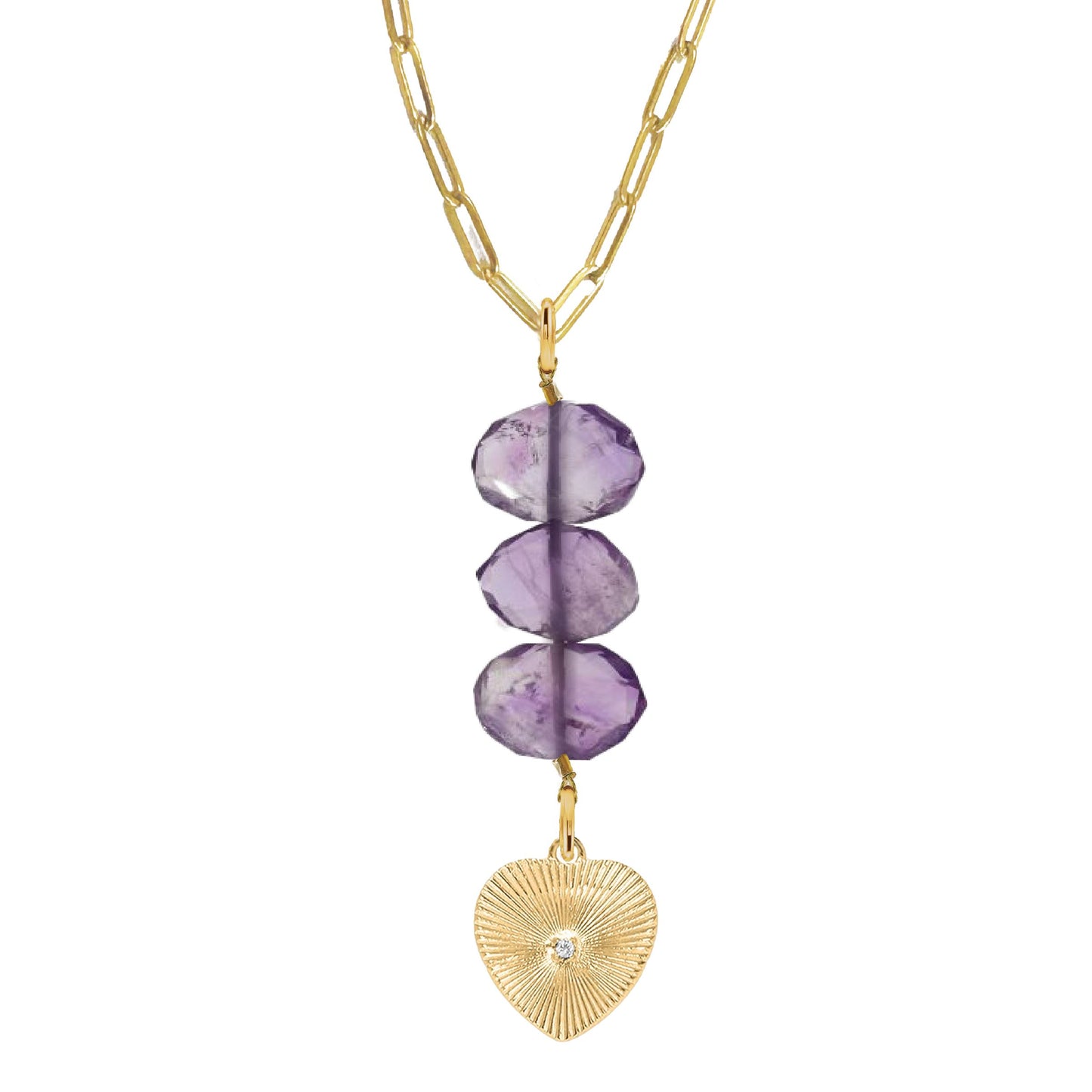 Natasha Paperclip Drop Necklace in Amethyst - Crystal Heart Robyn Canady Gold 