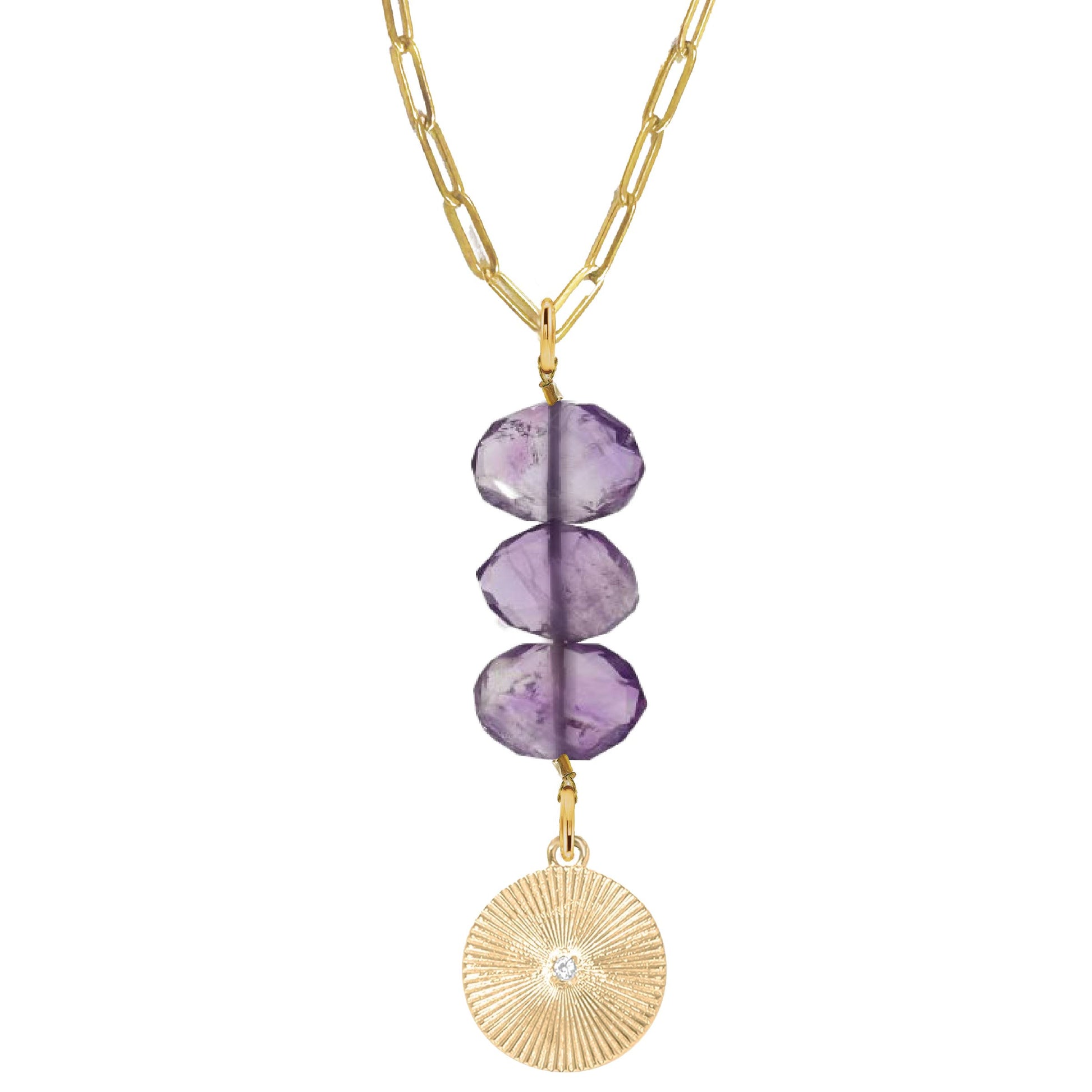 Natasha Paperclip Drop Necklace in Amethyst - Round Crystal Robyn Canady Gold 