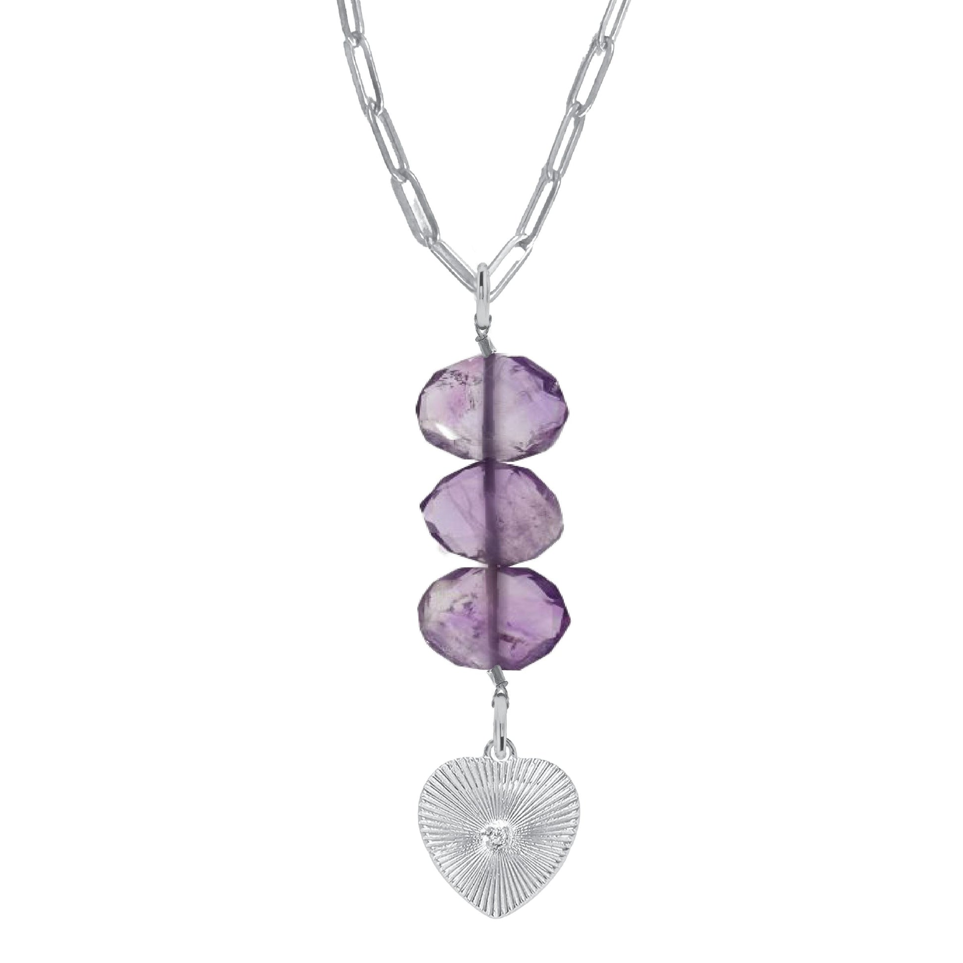 Natasha Paperclip Drop Necklace in Amethyst - Crystal Heart Robyn Canady Silver 