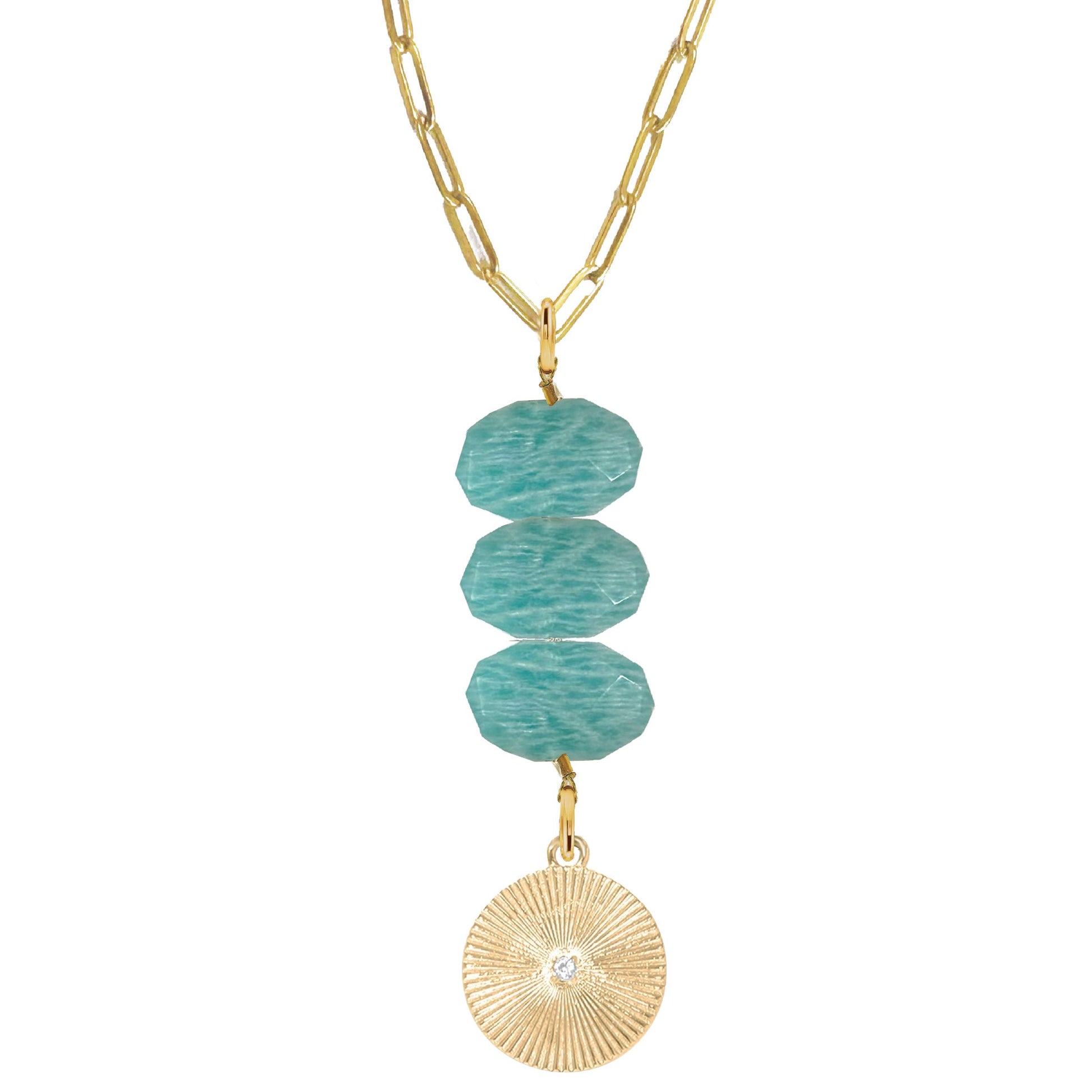 Natasha Paperclip Drop Necklace in Amazonite - Round Crystal Robyn Canady Gold 