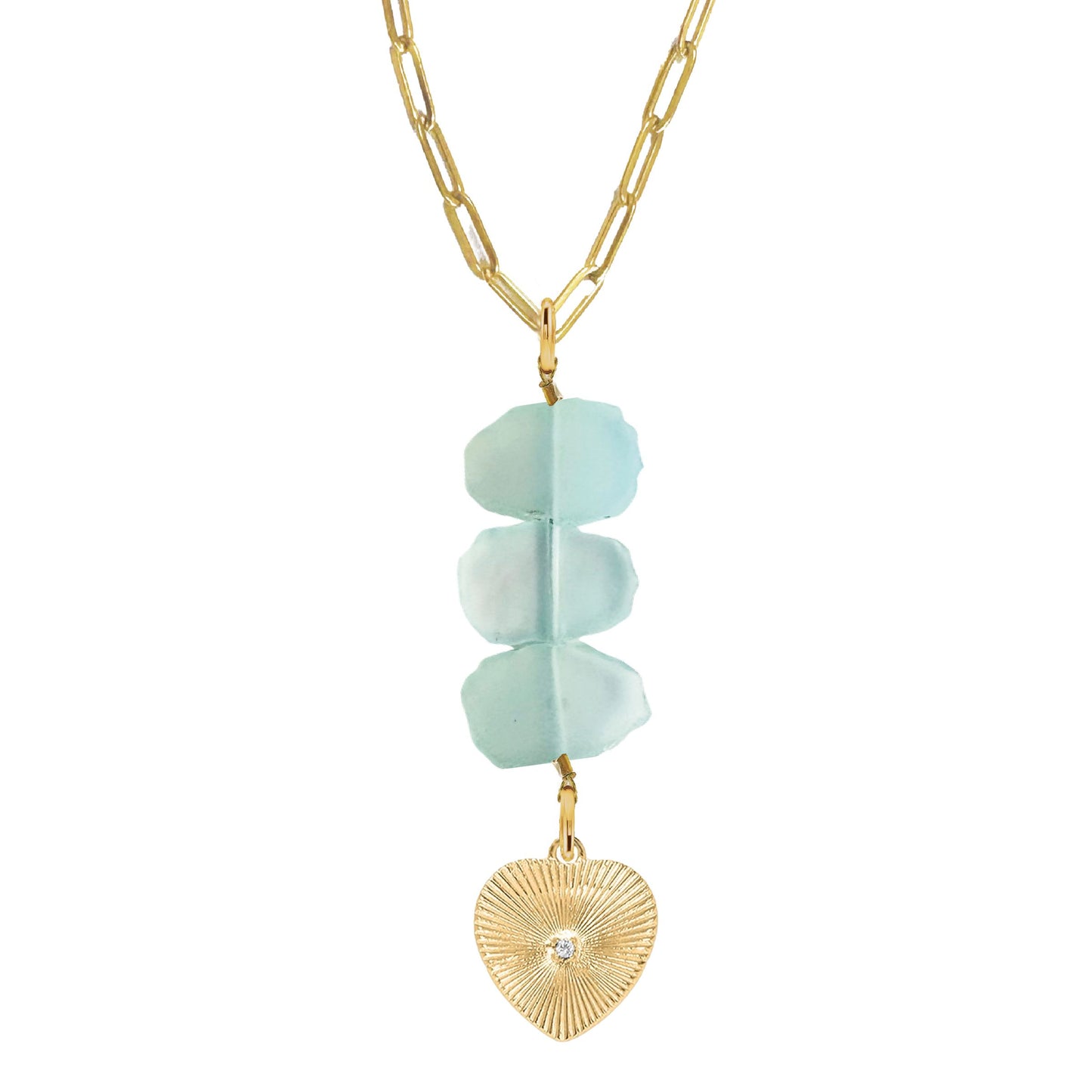 Natasha Paperclip Drop Necklace in Aqua Chalcedony - Crystal Heart Robyn Canady Gold 