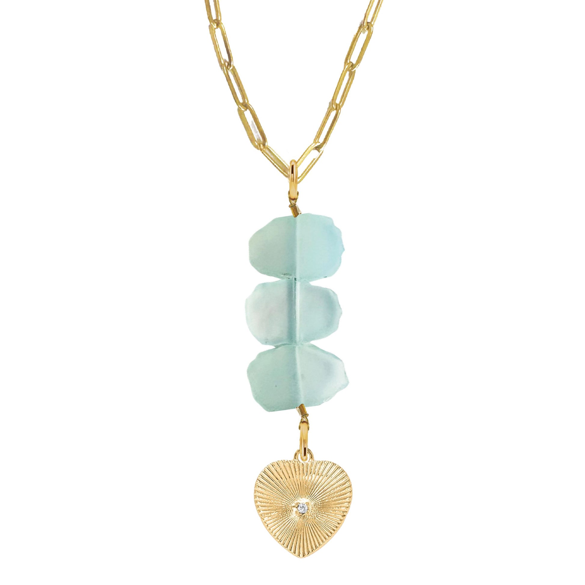 Natasha Paperclip Drop Necklace in Aqua Chalcedony - Crystal Heart Robyn Canady Gold 