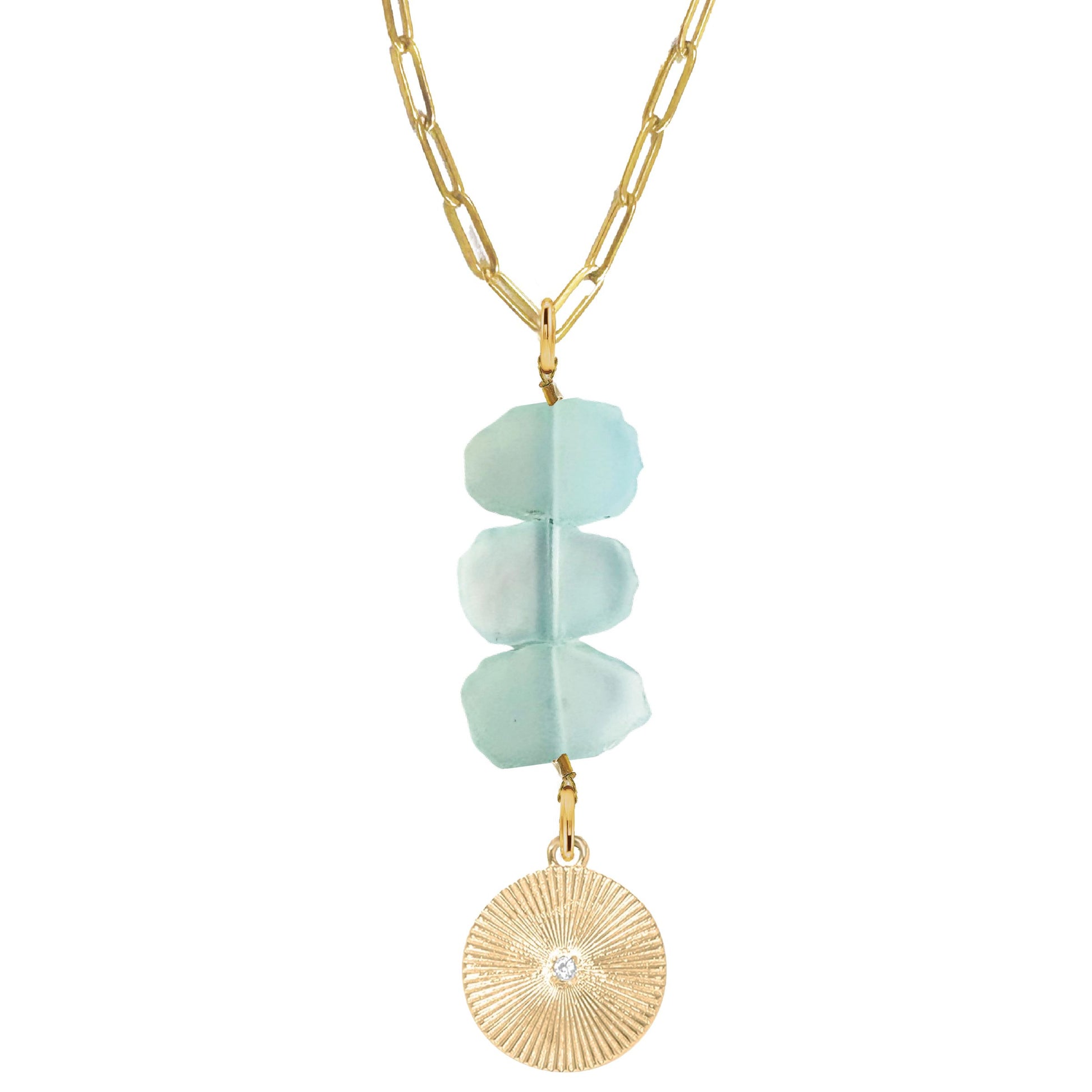 Natasha Paperclip Drop Necklace in Aqua Chalcedony - Round Crystal Robyn Canady Gold 