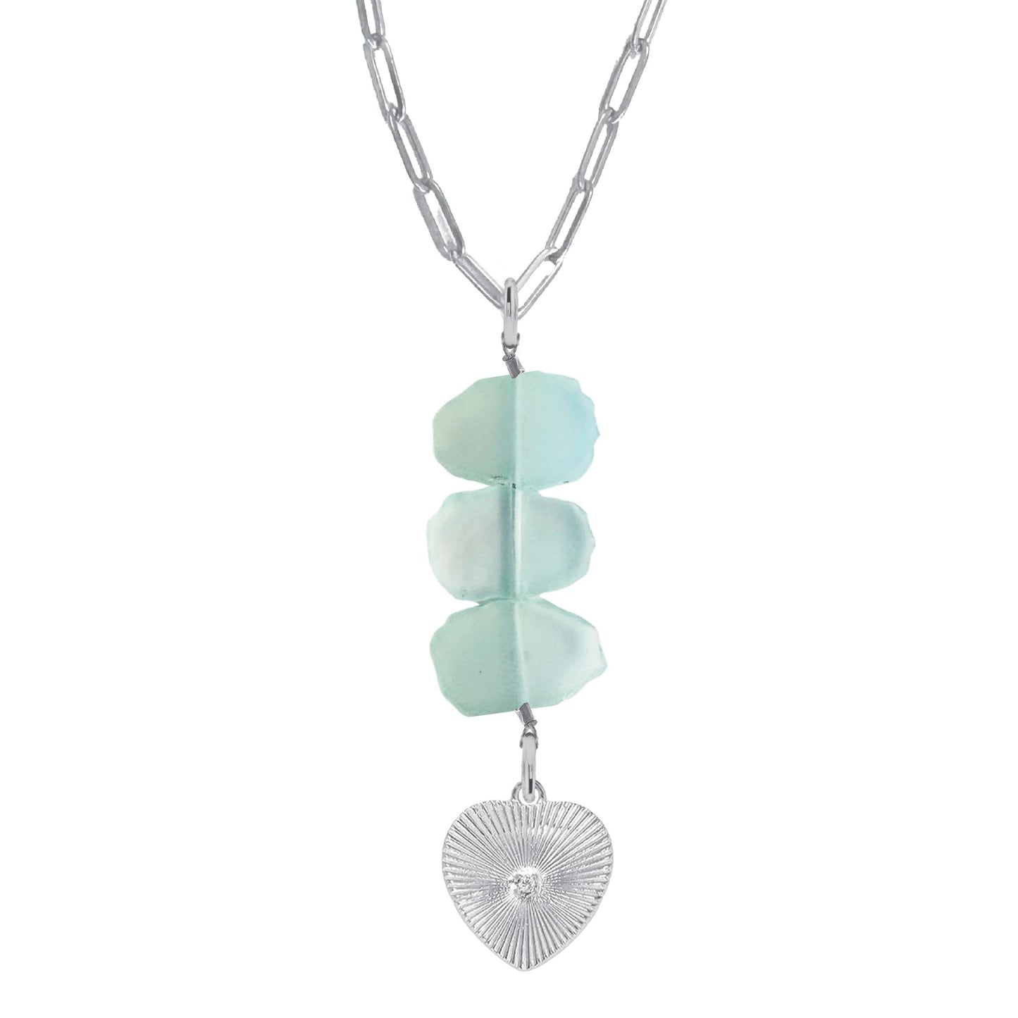 Natasha Paperclip Drop Necklace in Aqua Chalcedony - Crystal Heart Robyn Canady Silver 
