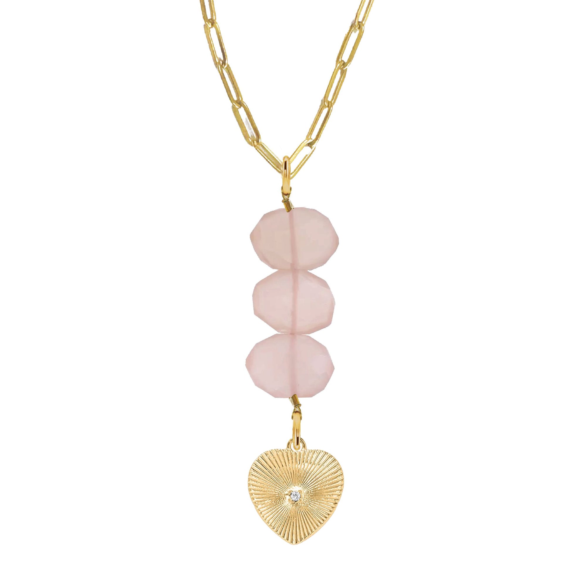 Natasha Paperclip Drop Necklace in Pink Chalcedony - Crystal Heart Robyn Canady Gold 