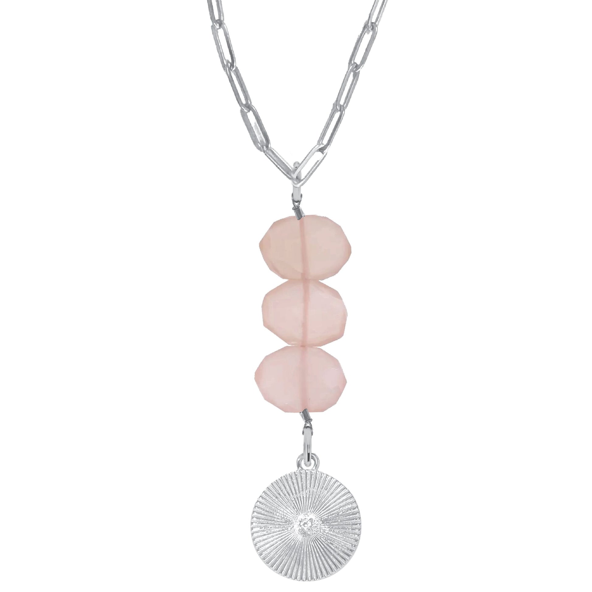 Natasha Paperclip Drop Necklace in Pink Chalcedony - Round Crystal Robyn Canady Silver 
