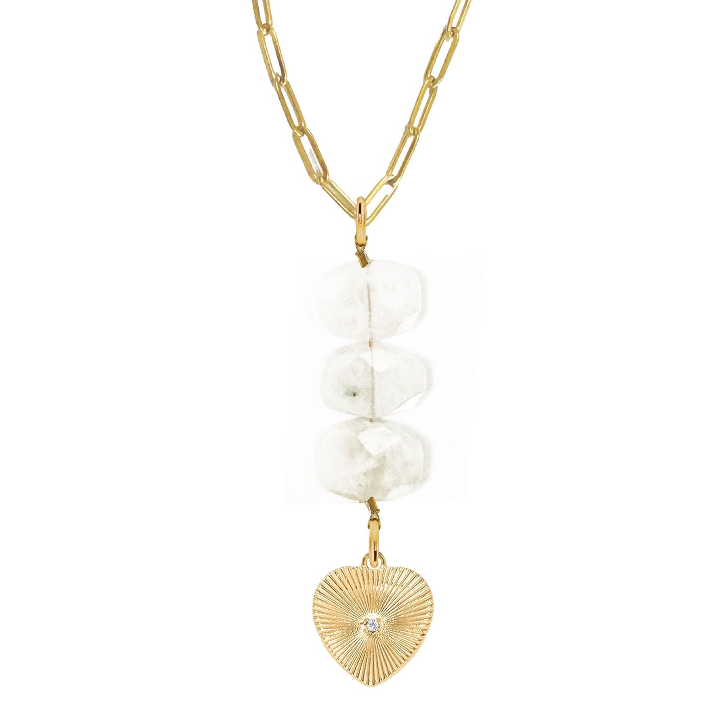 Natasha Paperclip Drop Necklace in White Moonstone - Crystal Heart Robyn Canady Gold 