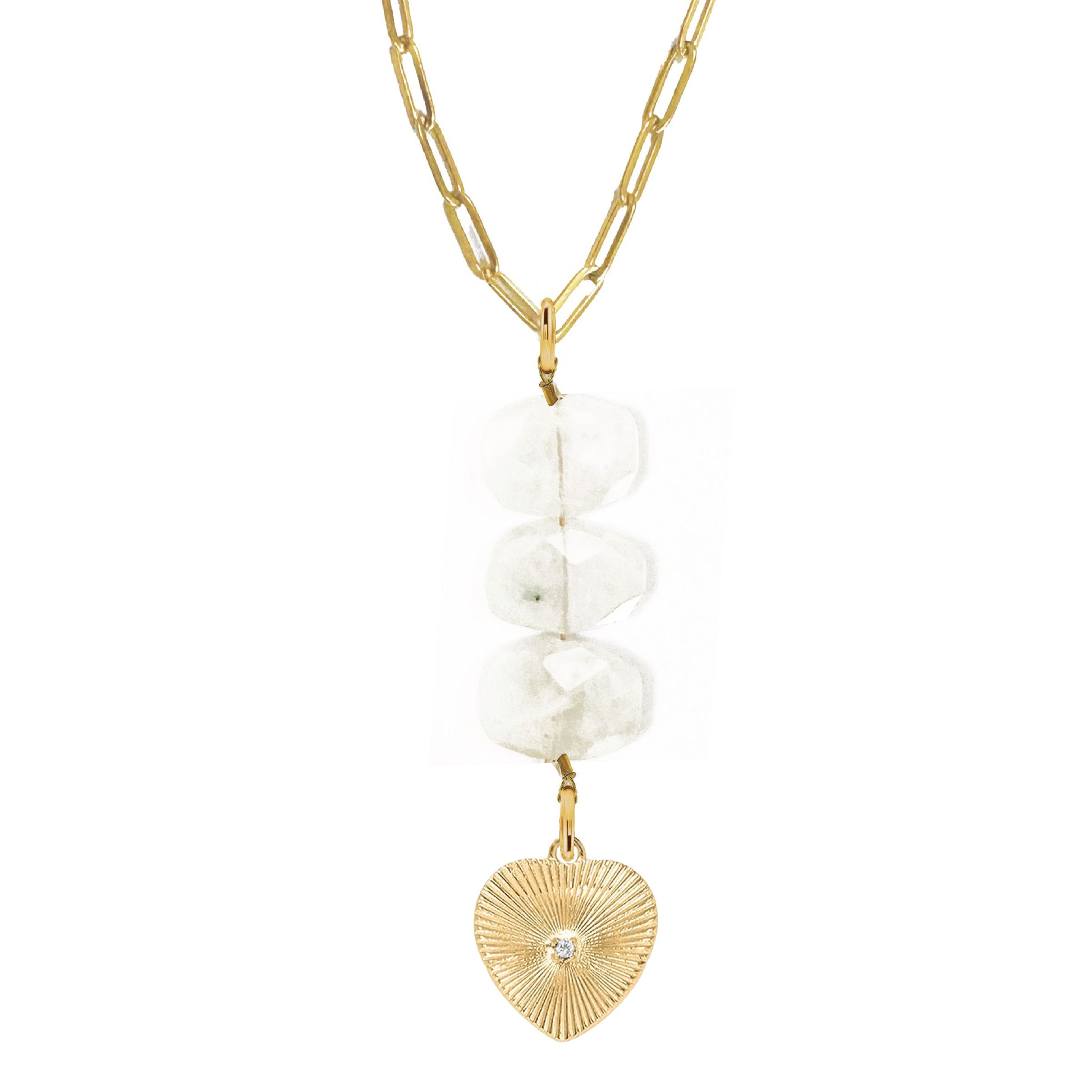 Natasha Paperclip Drop Necklace in White Moonstone - Crystal Heart Robyn Canady Gold 