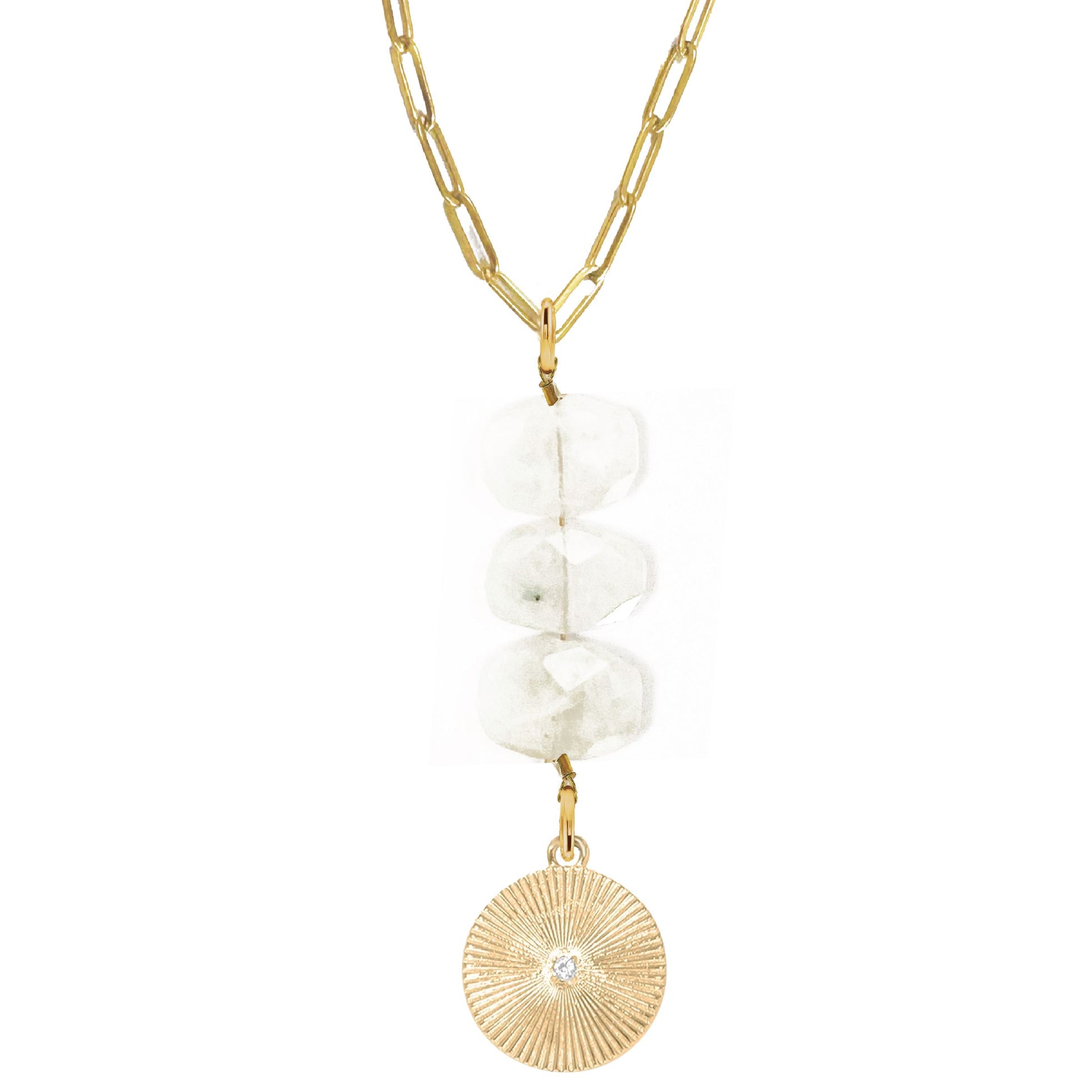 Natasha Paperclip Drop Necklace in White Moonstone - Round Crystal Robyn Canady Gold 